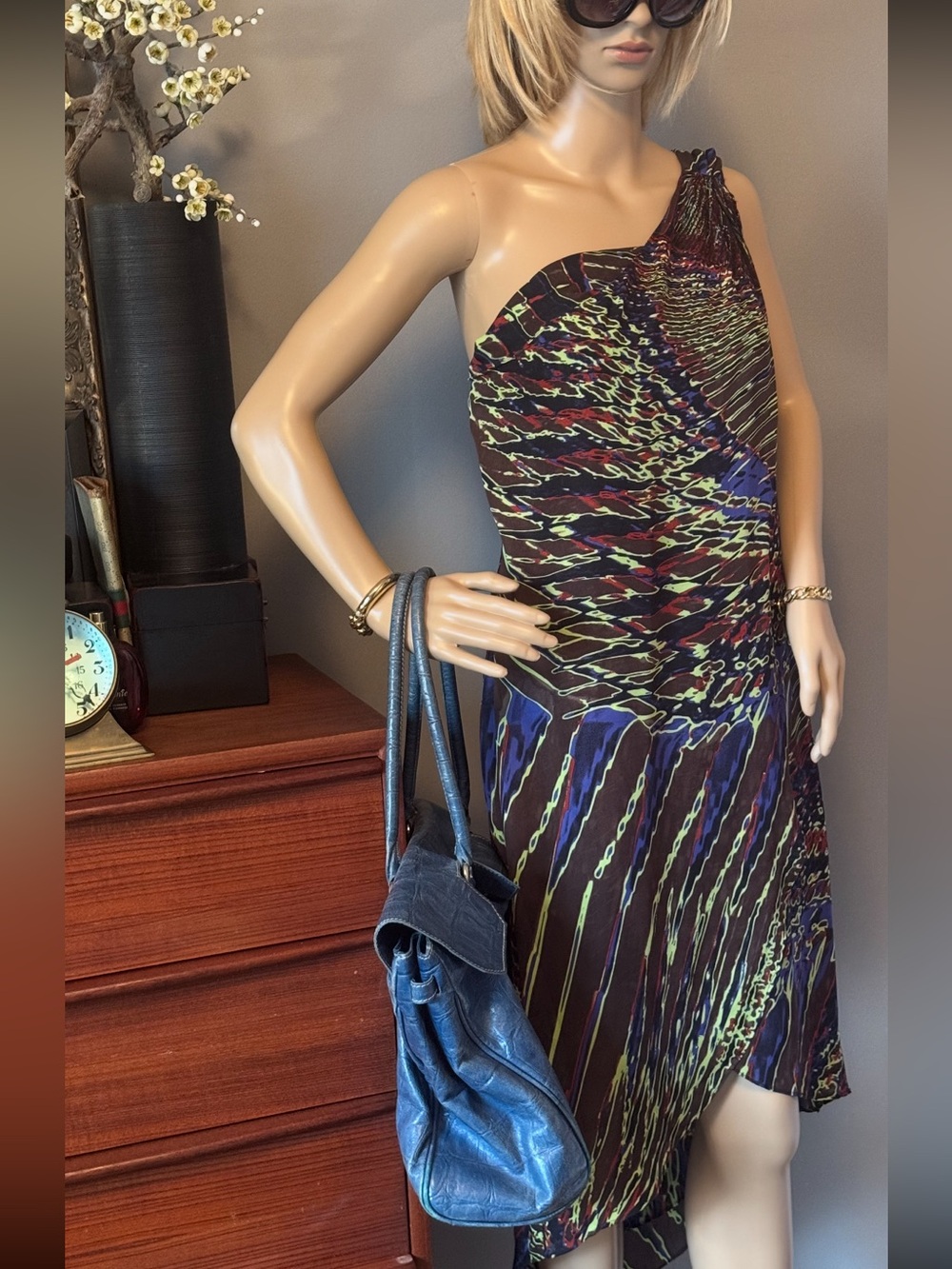 Halston Heritage One-Shoulder Abstract Print Dress in Black, Blue, Green